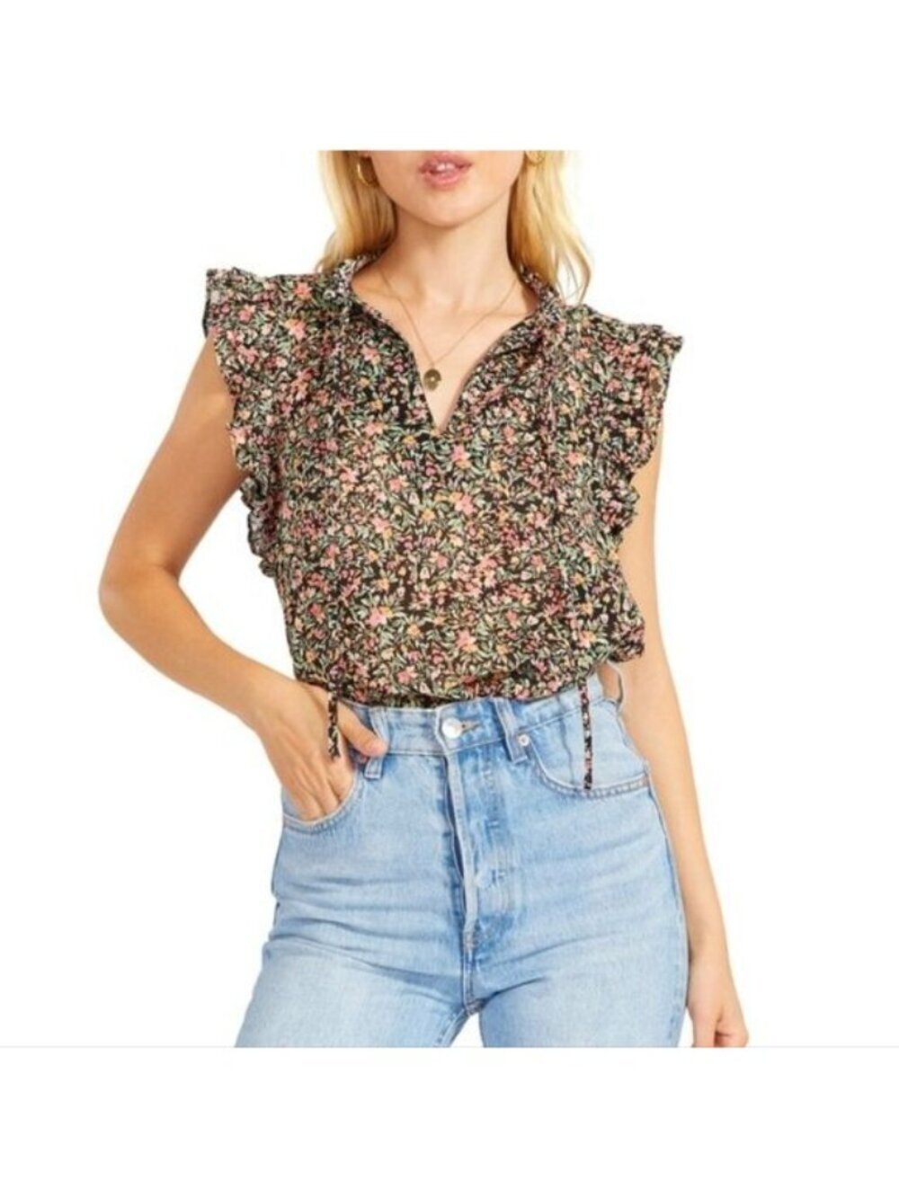 Steve Madden Black Ditsy Floral Ruffle Peasant Sleeveless Top Women Size L